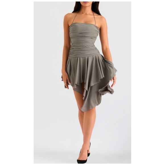 House of CB Valeria Ruched Asymmetric Ruffle Strapless Dress Size XS Extra Small - Picture 2 of 9